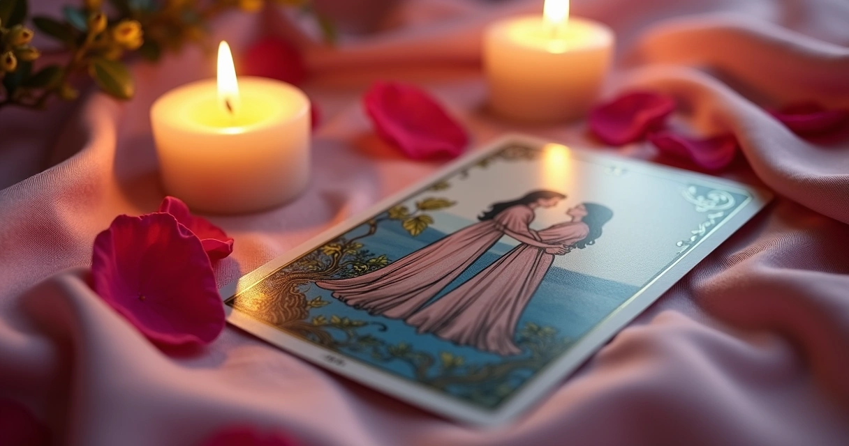 Carta Os Enamorados ao lado de velas e rosas 