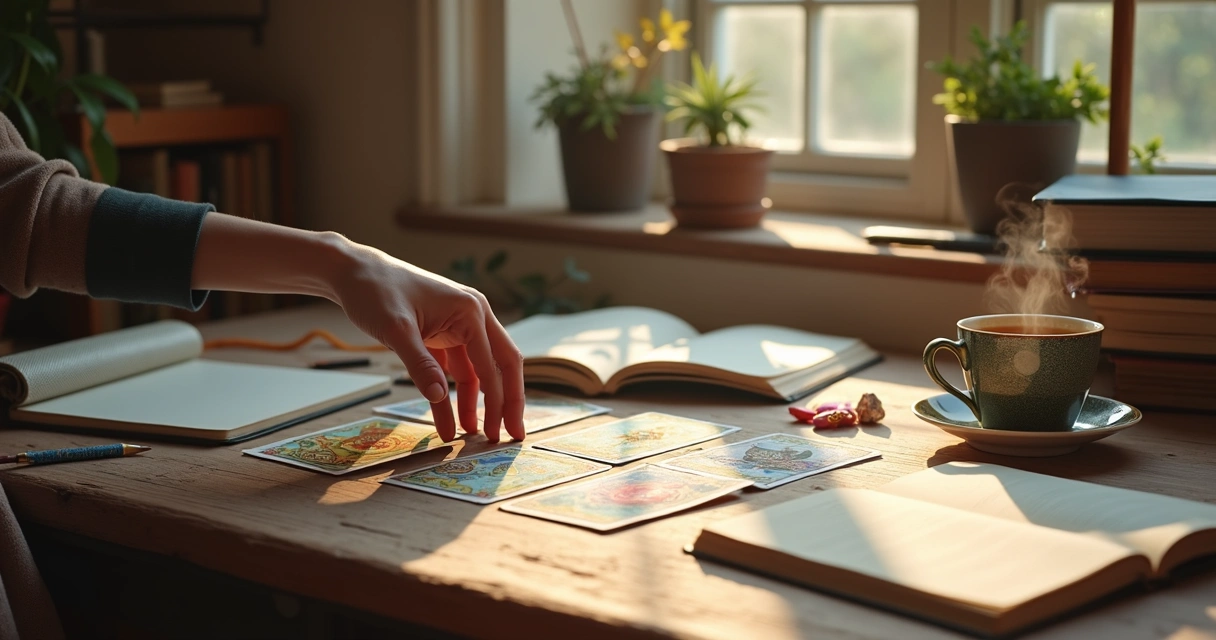 Baralho de tarot aberto entre cadernos e lápis de estudo 