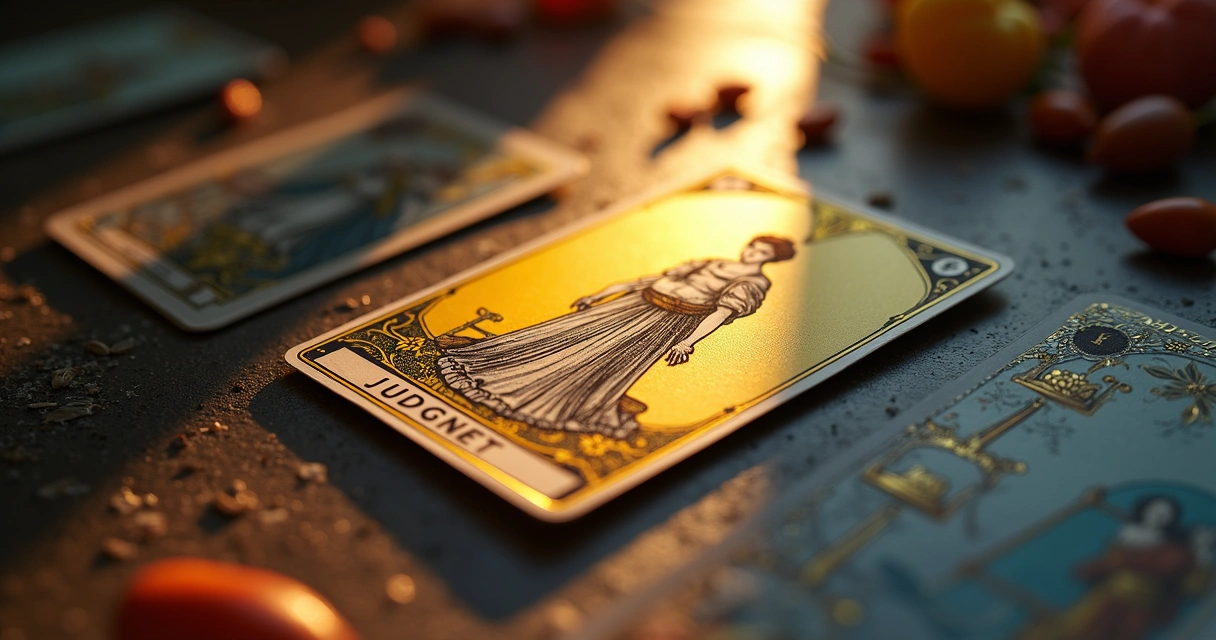 Carta de tarot Julgamento iluminada ao centro de outras cartas 