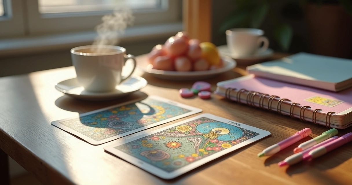 Cartas de tarot dispostas sobre uma mesa colorida com blocos de notas ao lado. 