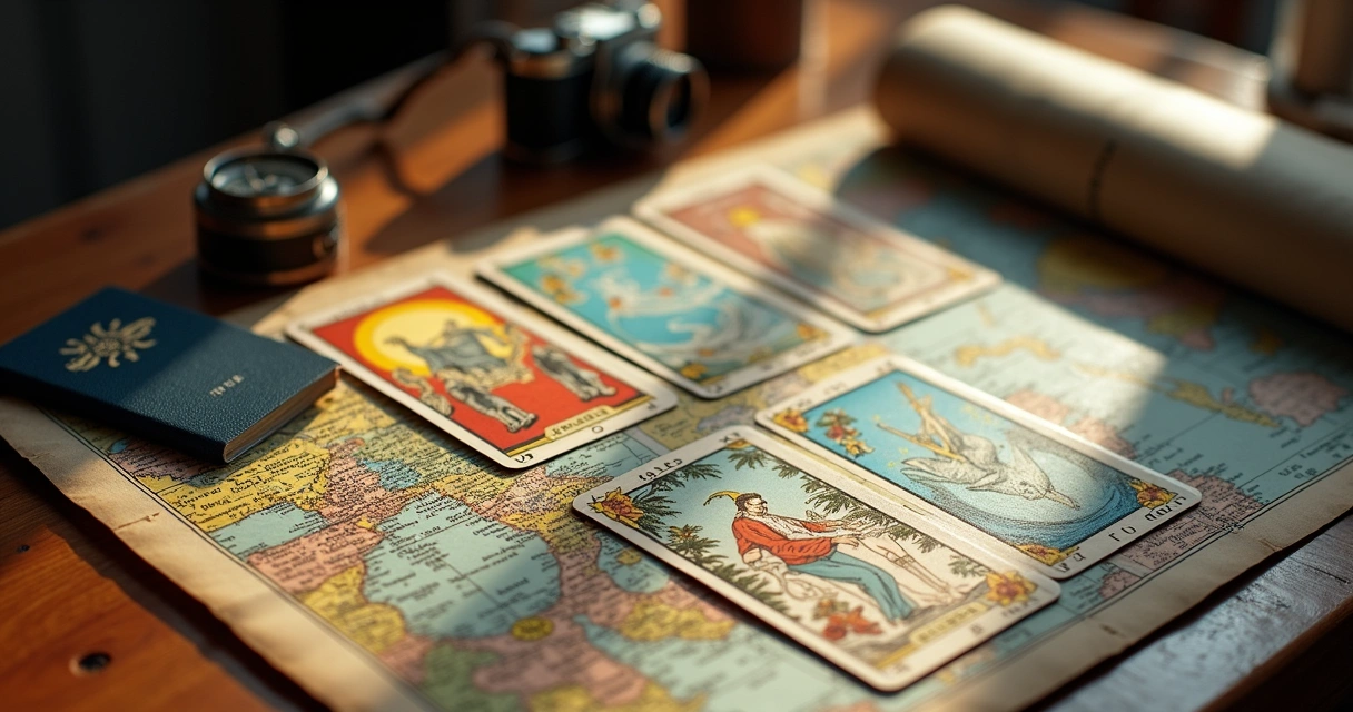 Cartas de tarot e mapa mundi sobre mesa de madeira 