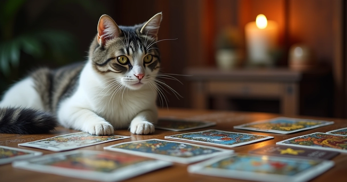 Cartas de tarot sobre a mesa ao lado de um gato deitado 