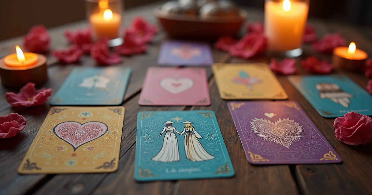Cartas de tarot coloridas espalhadas sobre uma mesa rústica, com destaque para símbolos de união e reconciliação 