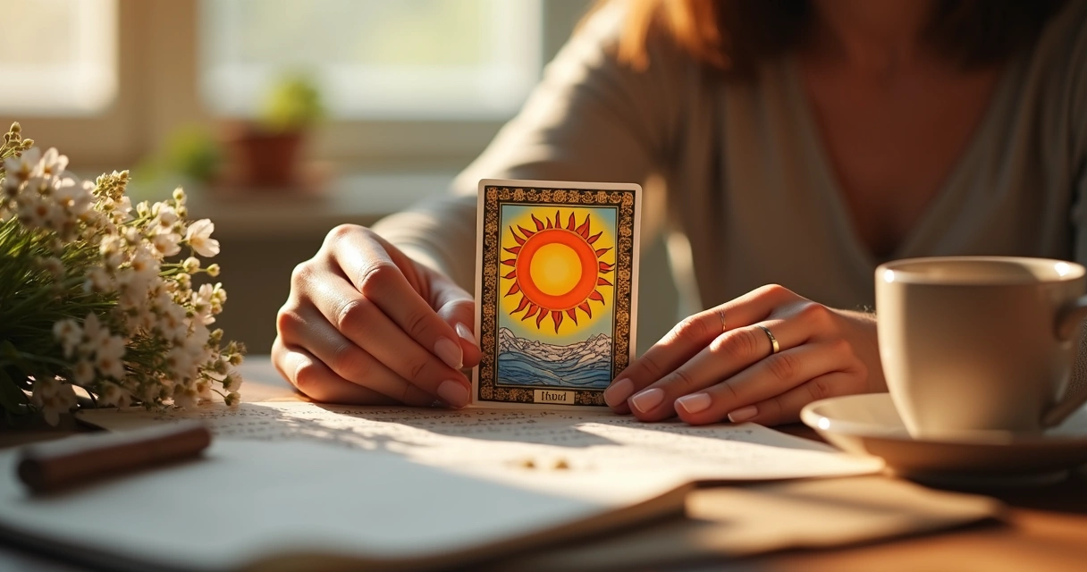 Carta Sol do tarot nas mãos de mulher 