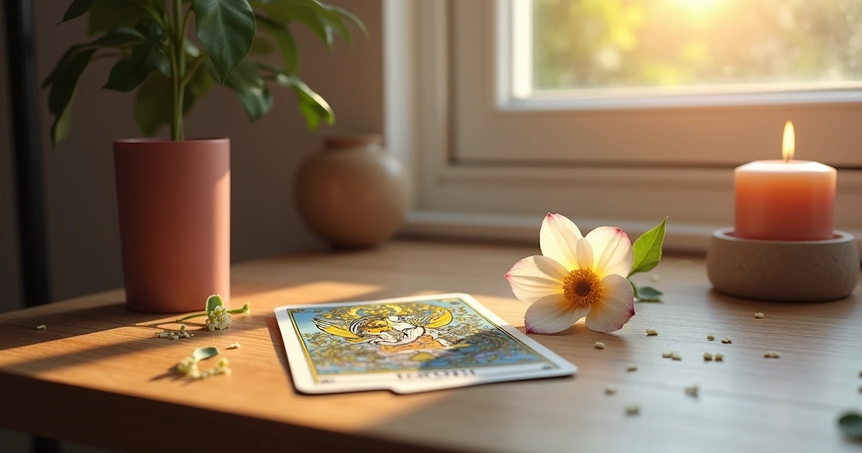 Carta de tarot, vela acesa e flor 