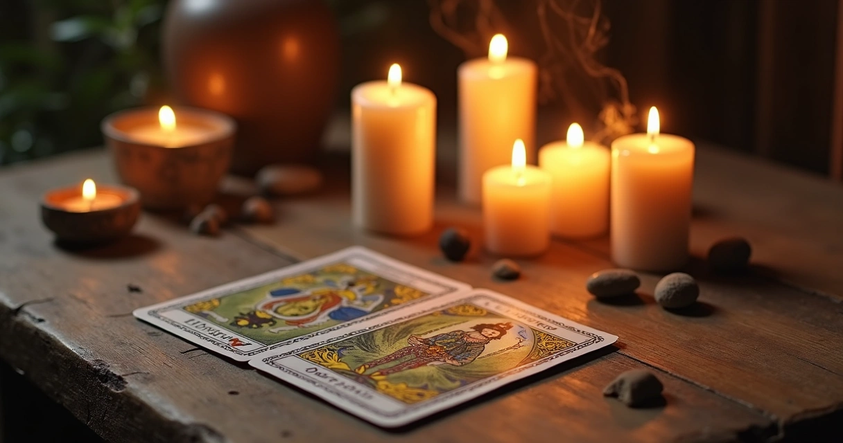 Baralho de tarot ao lado de velas acesas, ambiente com luz quente 