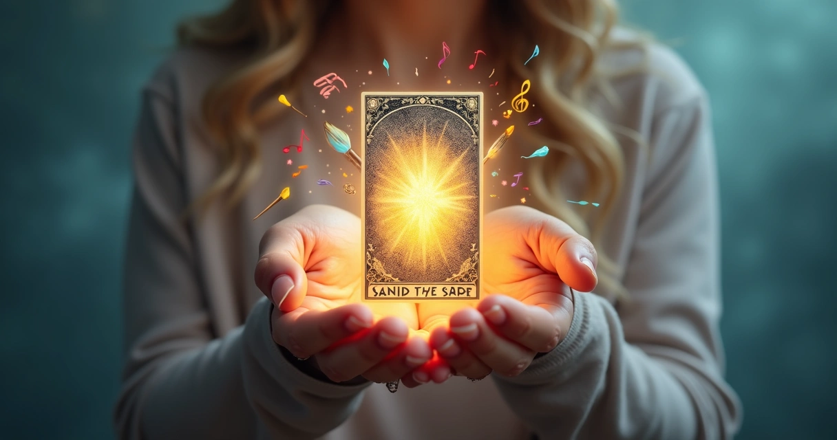 Carta de tarot brilhando em fundo etéreo, raios luminosos de inspiração e símbolos criativos 
