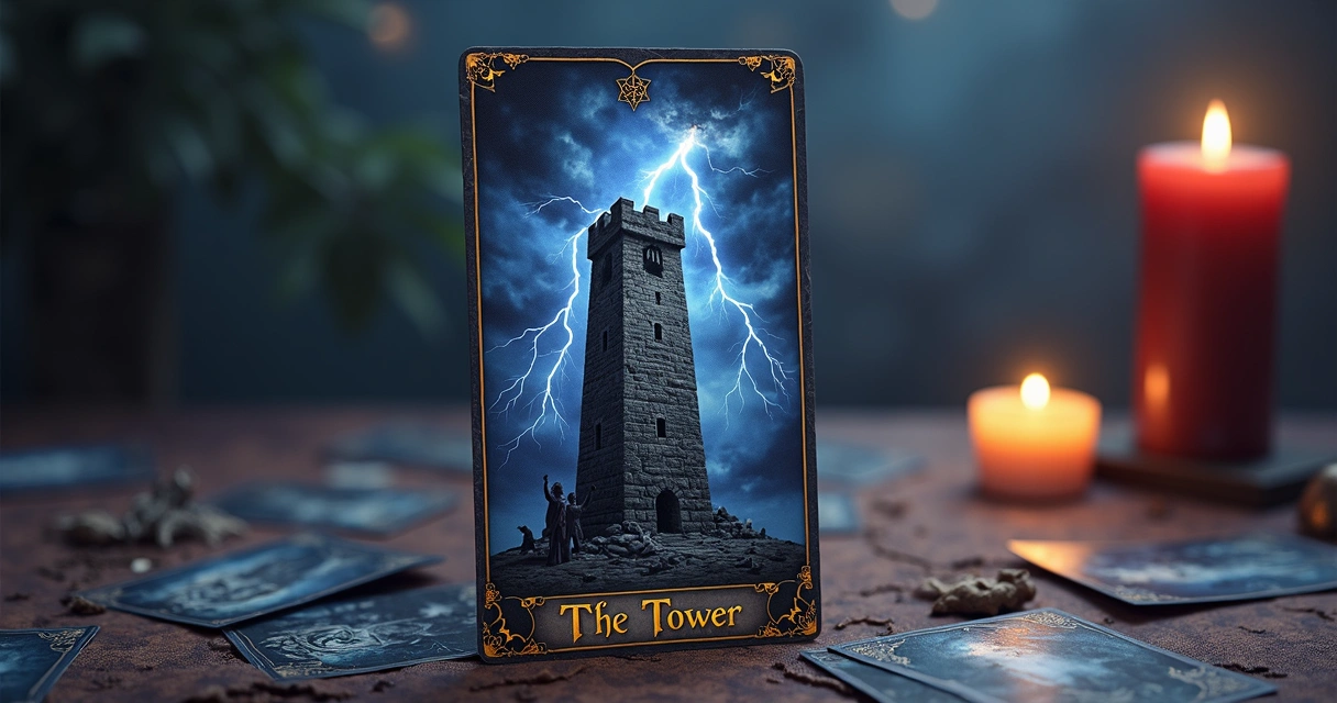 Cena da carta da Torre do Tarot com relâmpagos e pessoas caindo 