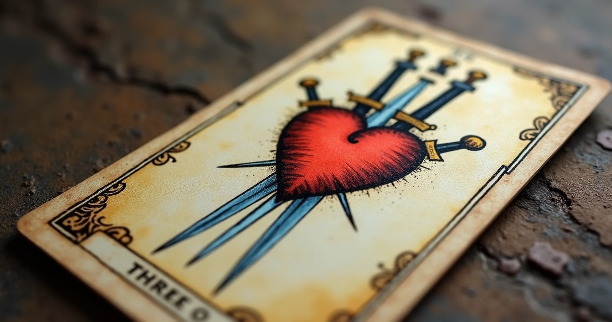 Três de Espadas do tarot sobre fundo simples, detalhe na carta com coração partido 