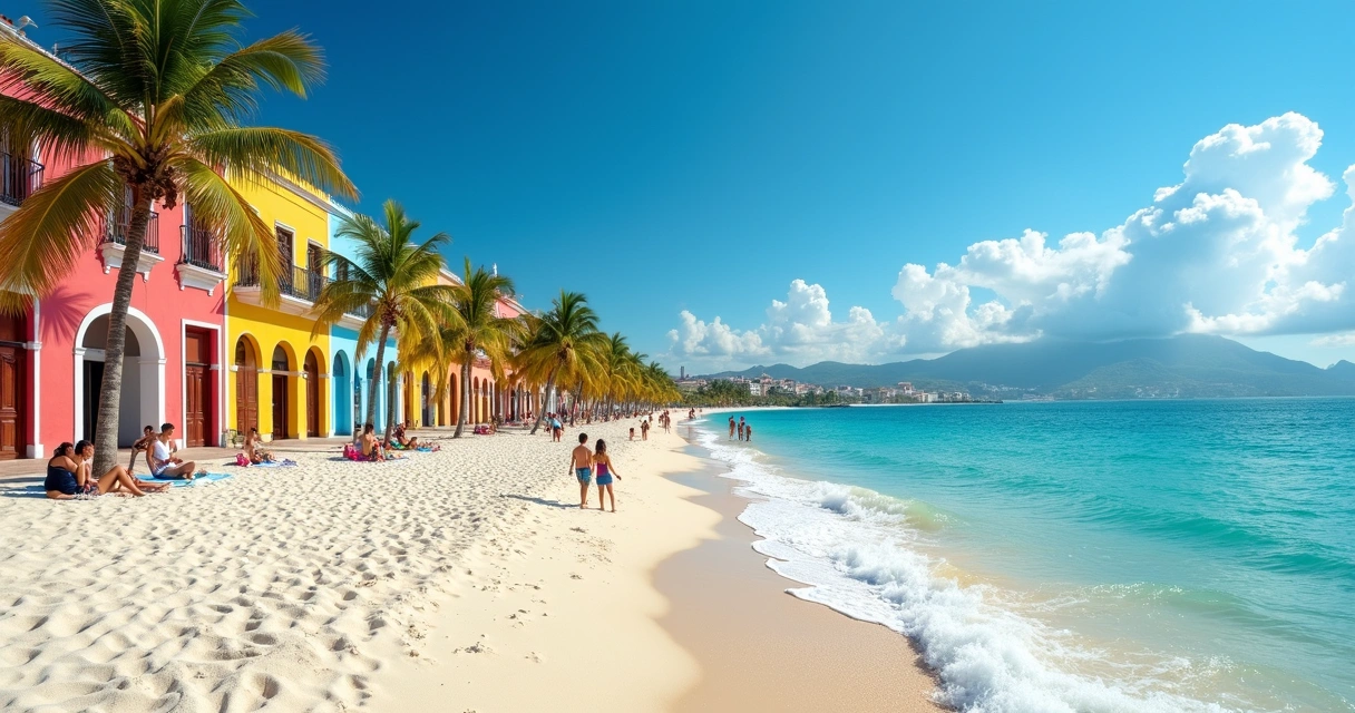 Paisagem de praia com arquitetura colorida em Cartagena 