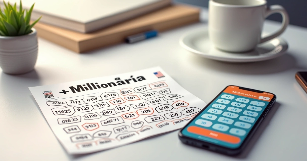 Cartão de aposta de loteria +Milionária e um smartphone exibindo aplicativo de apostas online 
