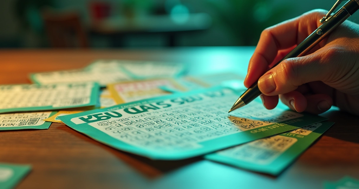 Cartão de aposta da Quina e folhas de bolão sobre uma mesa de madeira. 