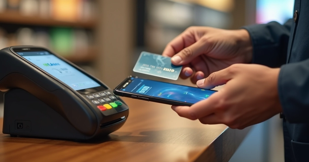 Mão segurando cartão e smartphone usando pagamento por aproximação 