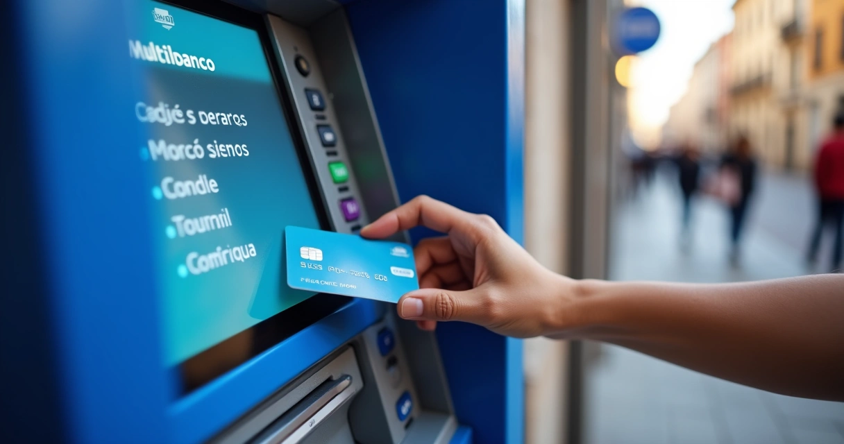 Cartão bancário português sendo inserido em terminal Multibanco 