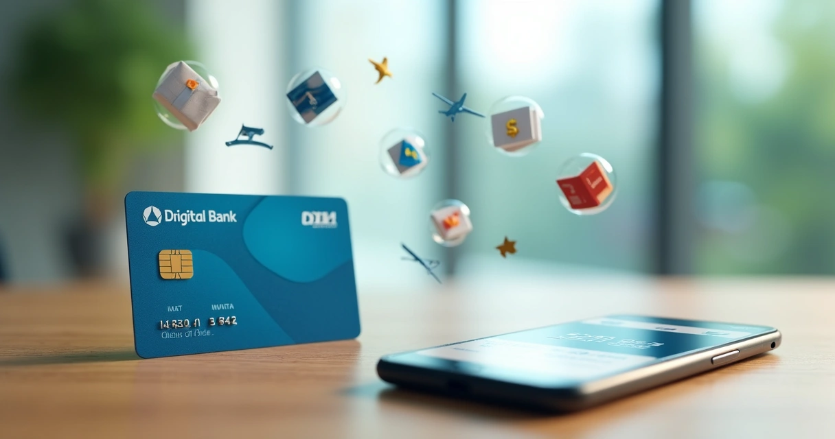 Cartão de banco digital sobre mesa com pontos ilustrados ao redor 