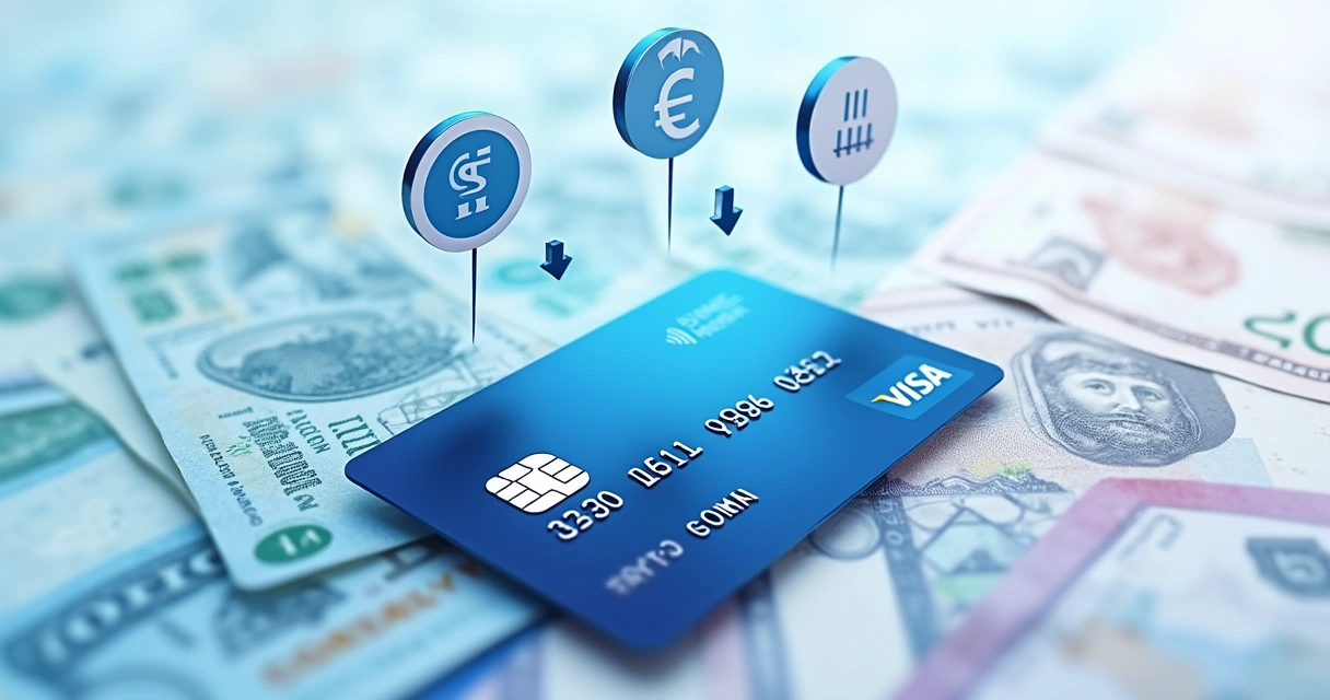 Cartão internacional com diversas moedas ao fundo 