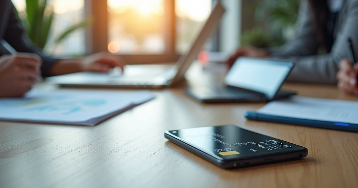 Cartão eletrônico para benefícios flexíveis sobre mesa com smartphone e laptop 