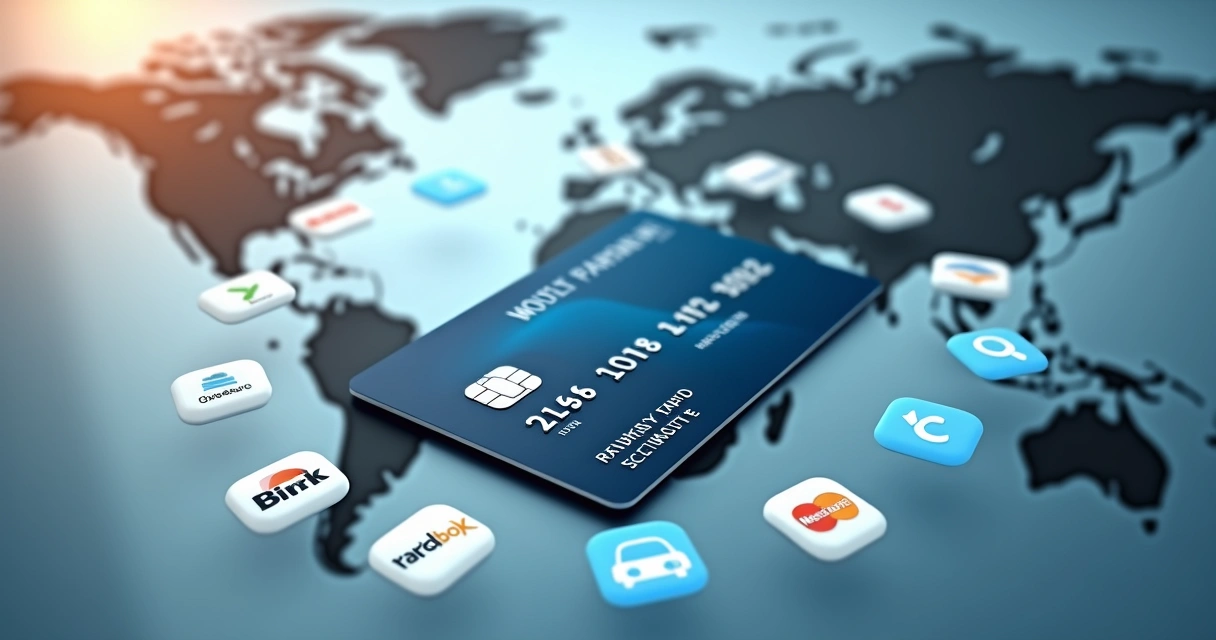 Cartão com logos de parceiros como hotéis e apps de transporte em volta 