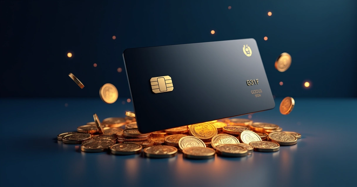 Cartão Black emitindo moedas como cashback em fundo azul escuro 