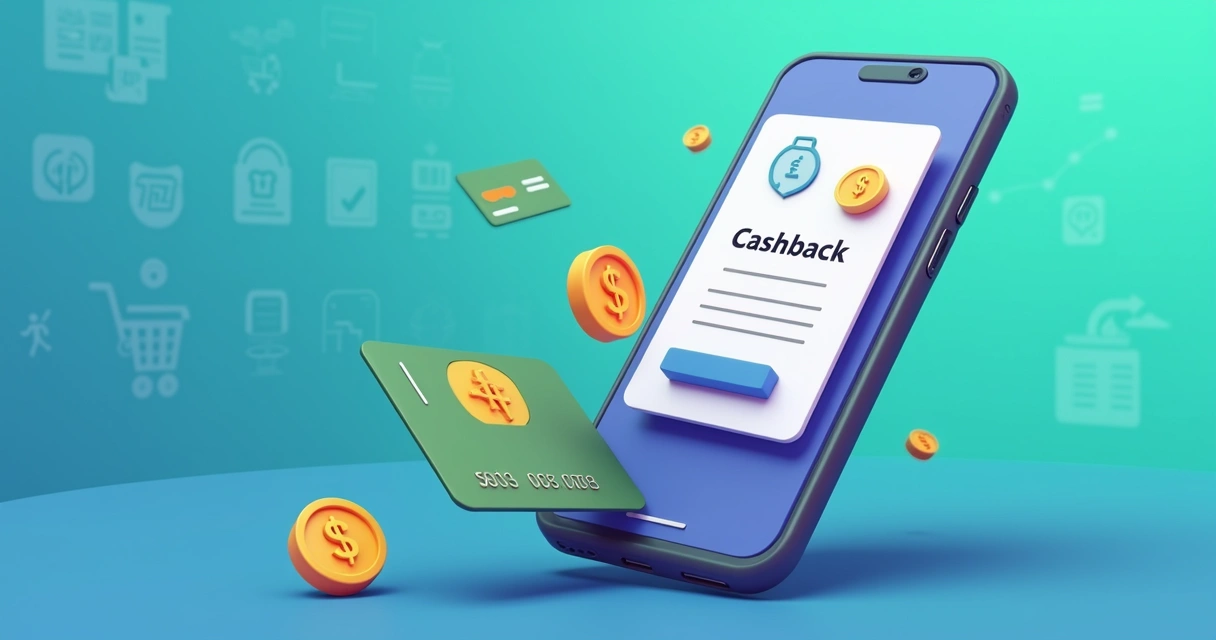 Cartão de crédito com destaque para valor de cashback na tela do celular 