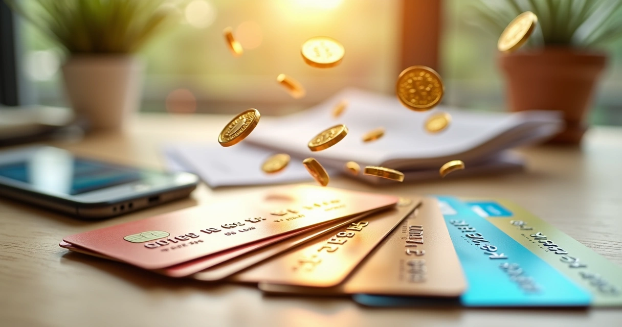 Cartões de crédito com ícones de cashback e moedas ao redor em mesa clara 