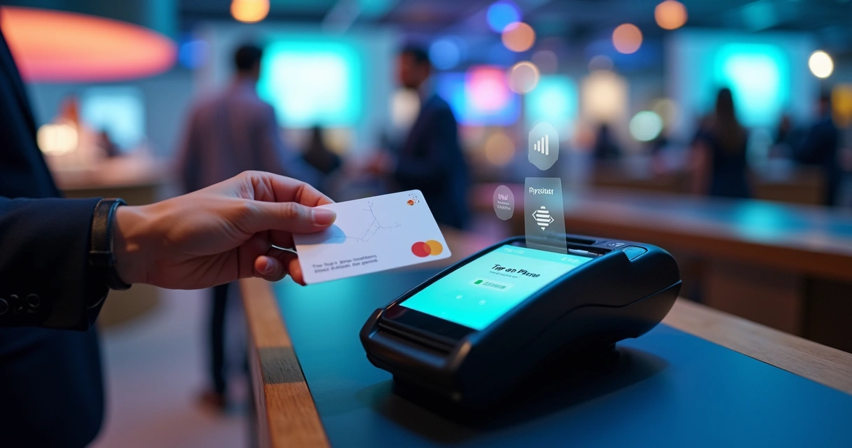 Cartão cashless branco com branding próprio sendo aproximado de terminal de pagamento em evento 