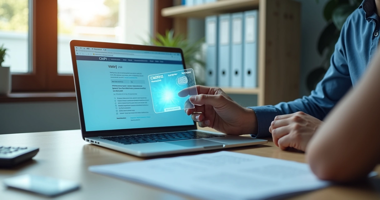Empreendedor segurando cartão CNPJ digital na tela do notebook em escritório moderno 