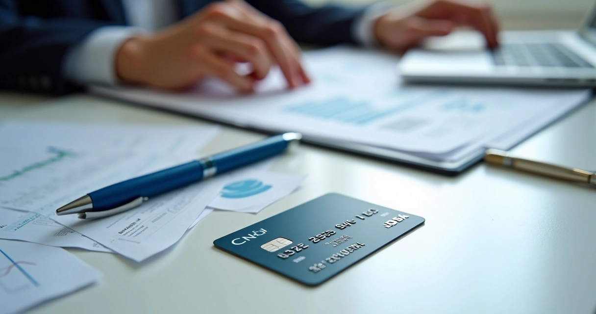 Cartão empresarial ao lado de papéis e logo CNPJ 
