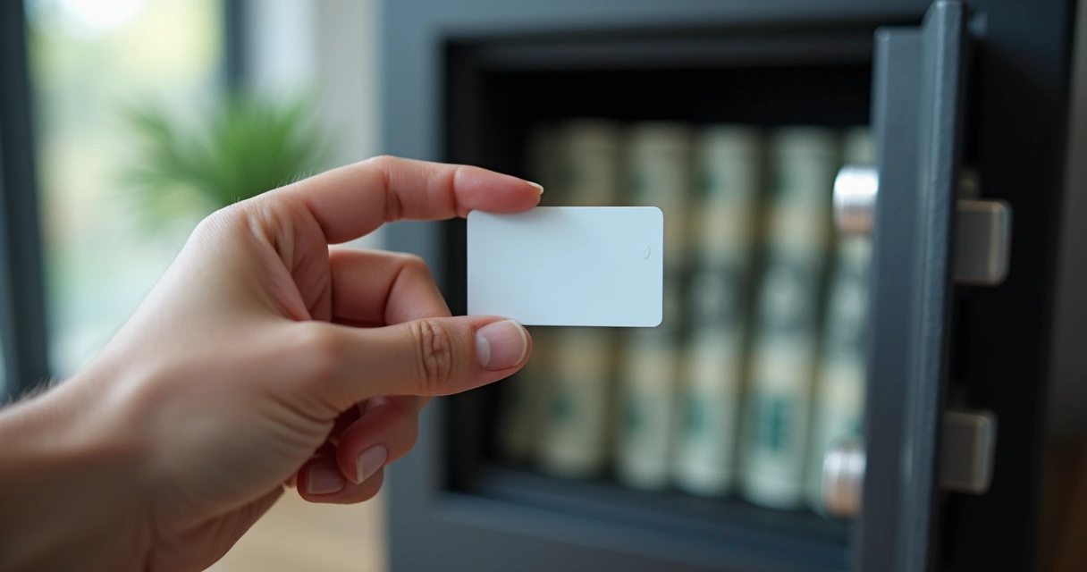 Pessoa segurando cartão de crédito transparente com fundo de cofre com dinheiro 