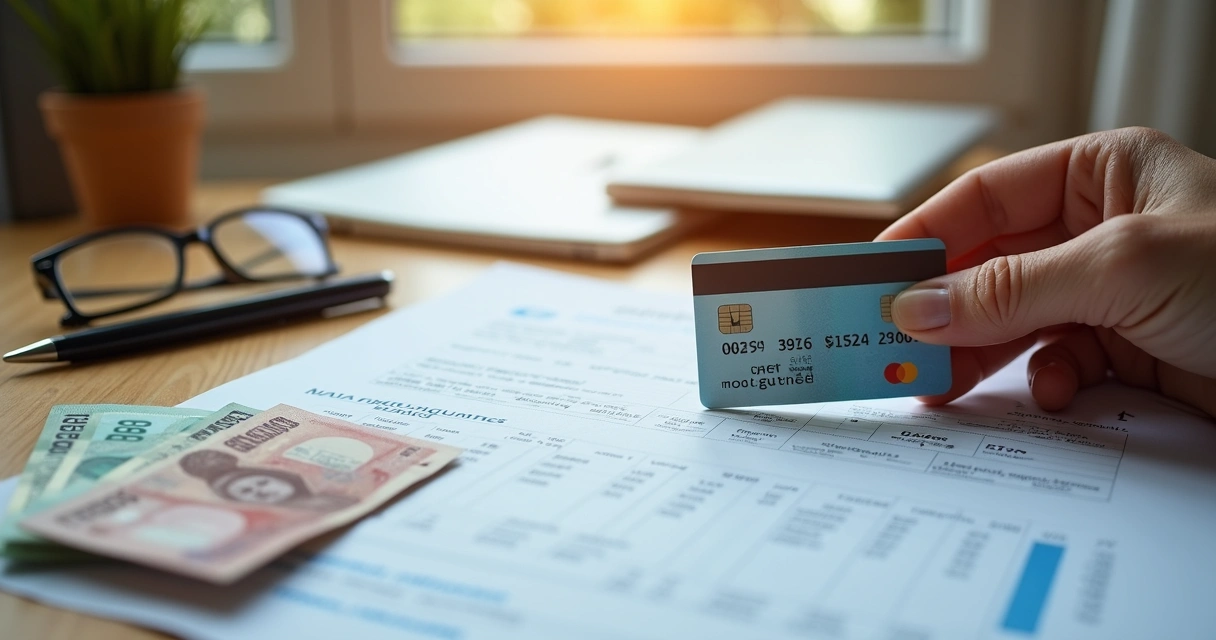 Cartão consignado, notas de dinheiro e extrato bancário sobre uma mesa 