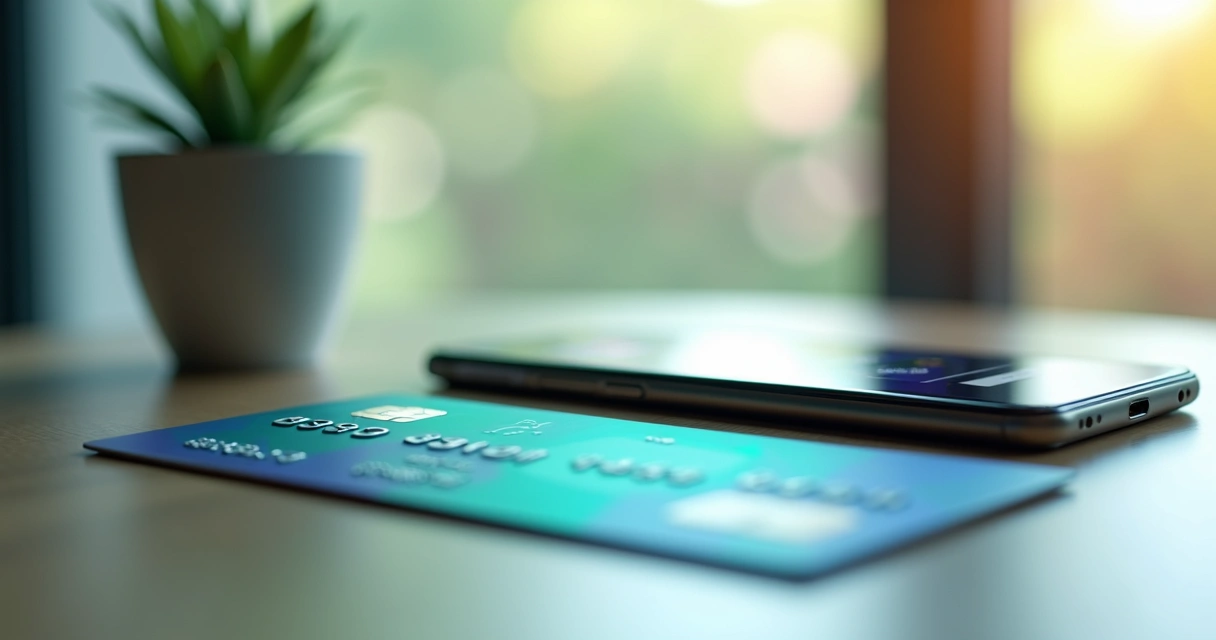 Cartão colorido de banco digital com interface simples de aplicativo ao lado