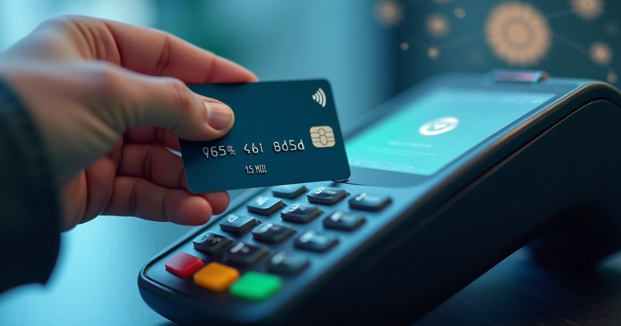 Cartão de crédito contactless posicionado sobre leitor de pagamento sem contato com fundo neutro azul 