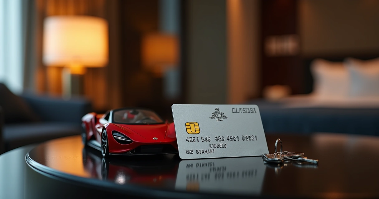 Cartão de crédito ao lado de chave de hotel de luxo e miniatura de carro sobre uma mesa 