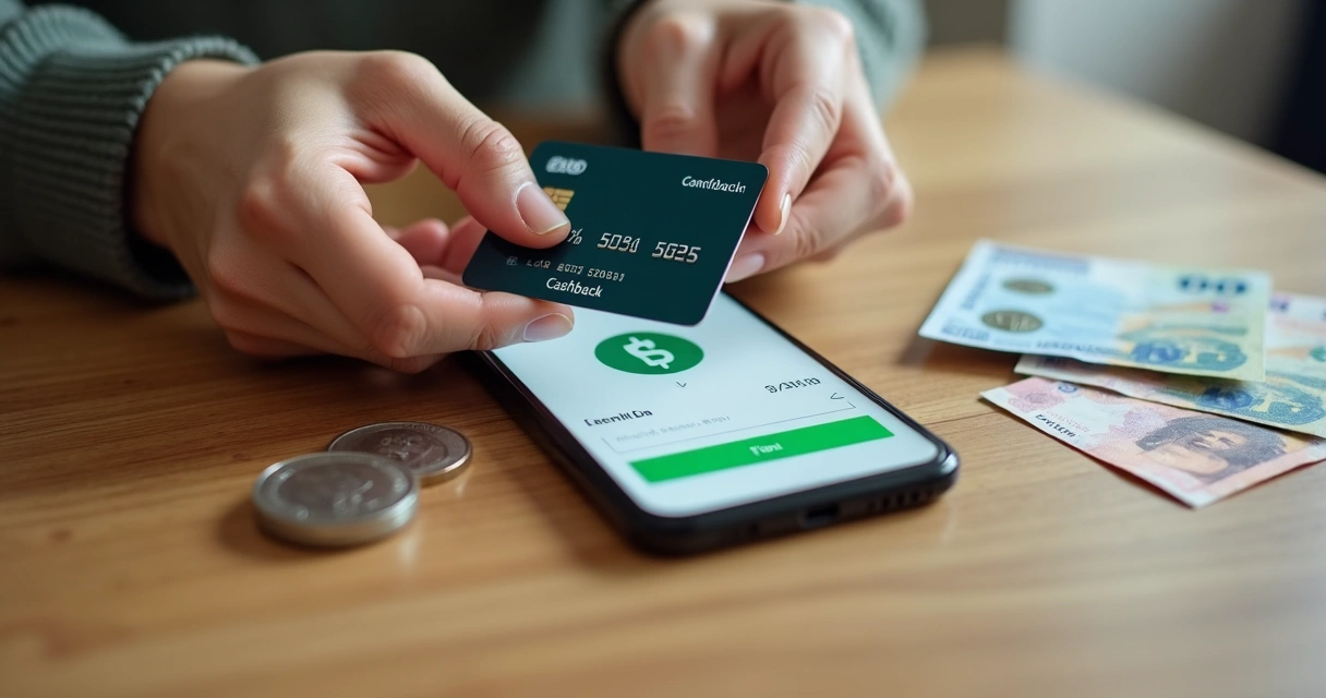 Mãos segurando cartão sobre mesa com moedas, papel moeda e celular exibindo cashback 