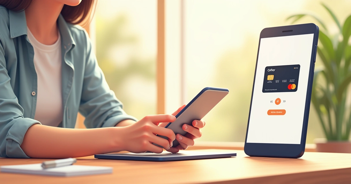 Ilustração de um smartphone mostrando um aplicativo de conta digital com um cartão de crédito colorido e benefícios de uso.
