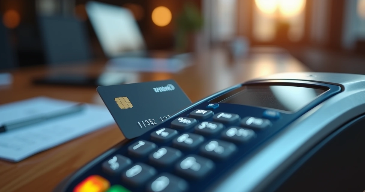Cartão de crédito empresarial contactless sendo usado para pagamento por aproximação em terminal moderno 