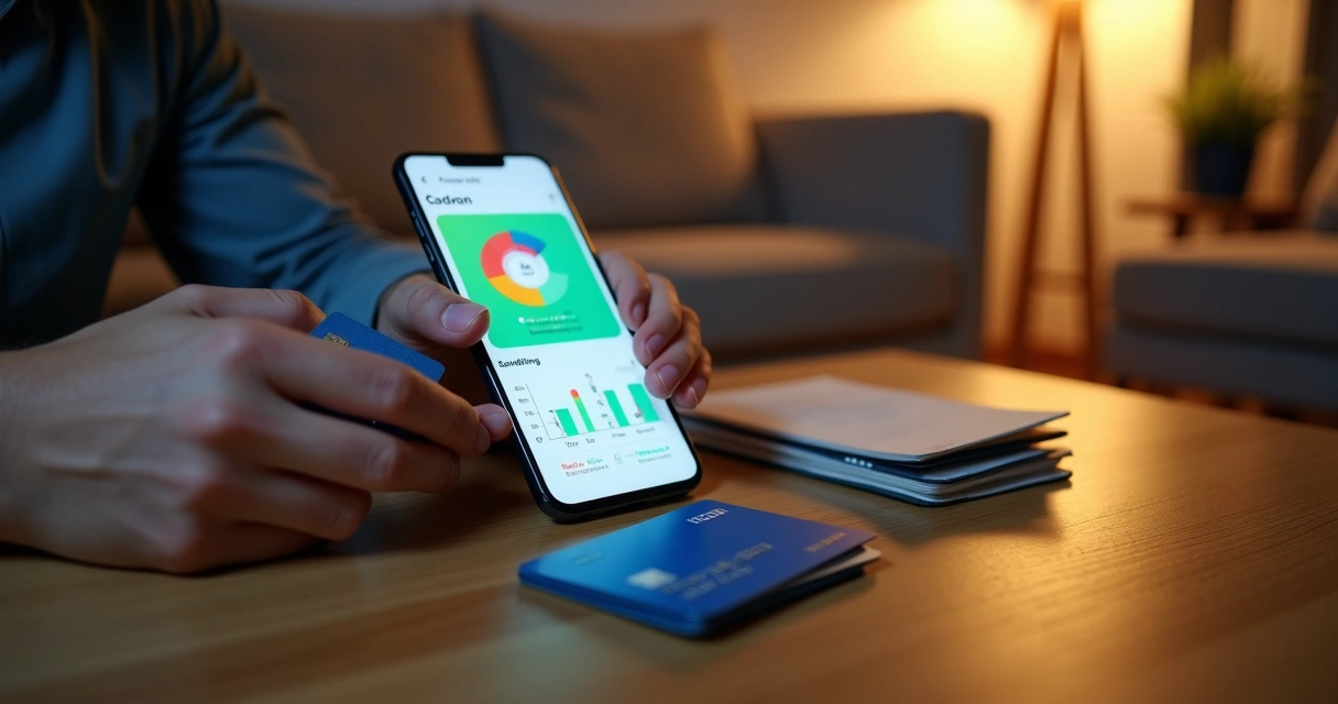 Pessoa segurando cartão de crédito ao lado de celular com app financeiro aberto 