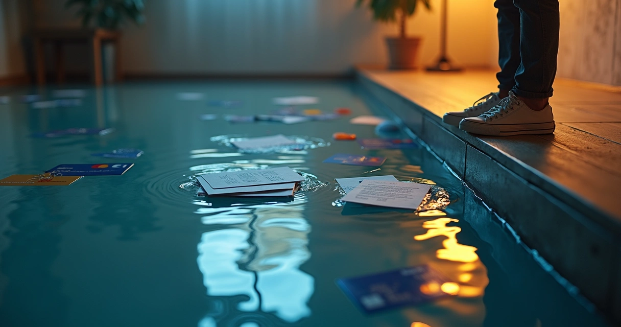 Pessoa em pé sobre piso seco observando cartões de crédito quase submersos em água como se fossem dívidas afogando 