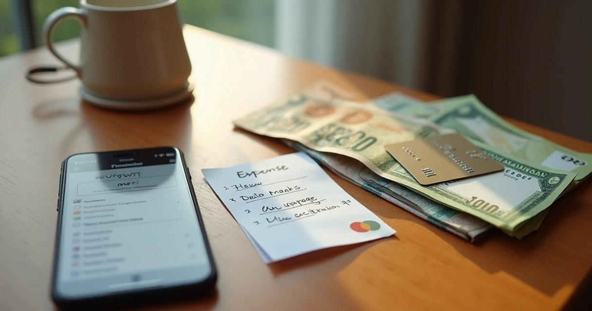 Cartão de crédito, dinheiro e anotações financeiras sobre uma mesa 