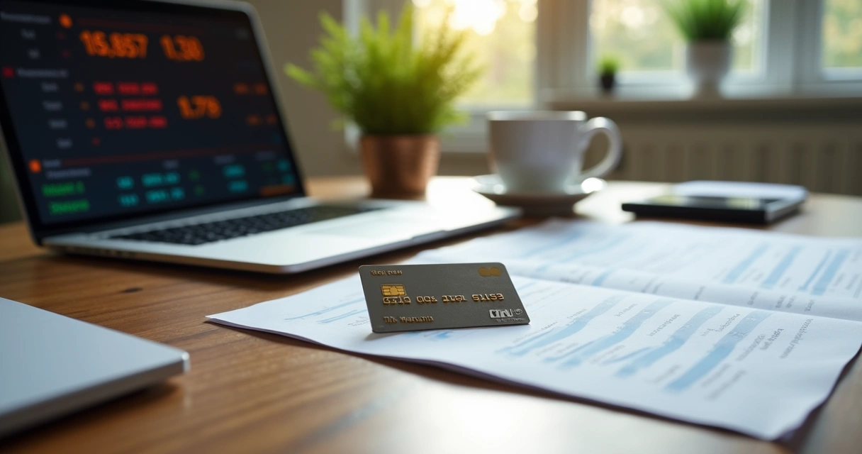 Cartão de crédito internacional sobre mesa com documentos financeiros ao redor 