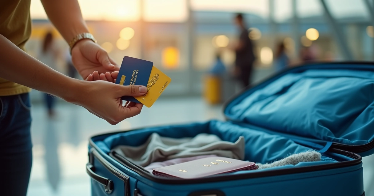 Pessoa segurando dois cartões de crédito ao lado de mala de viagem 