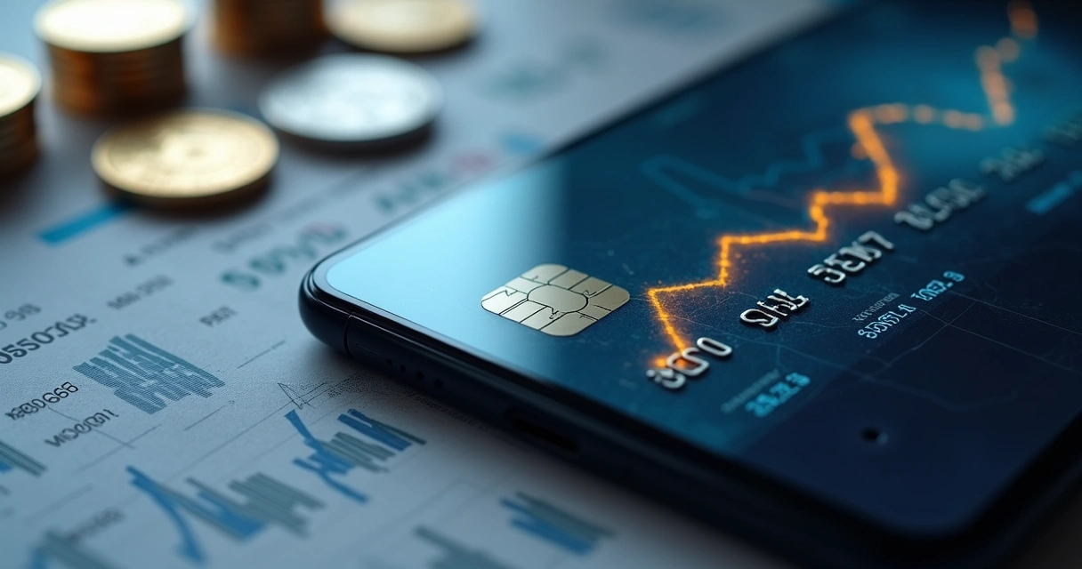 Cartão de crédito ao lado de celular exibindo gráfico de investimento crescente 