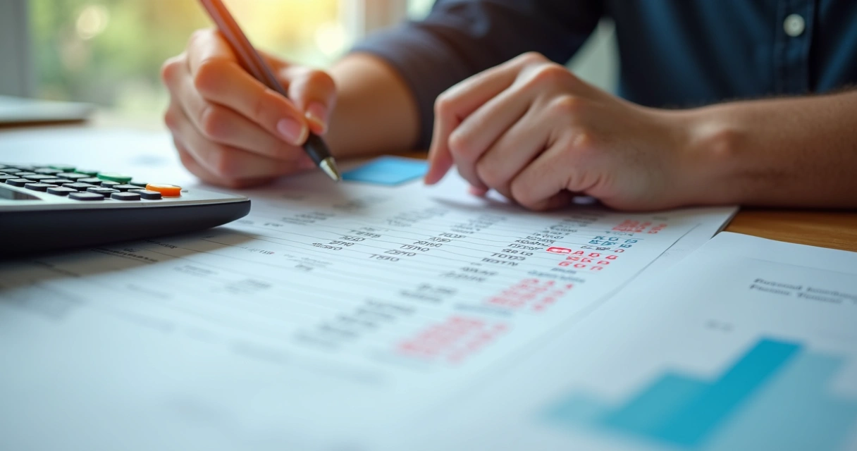Pessoa analisando fatura de cartão de crédito com calculadora na mesa