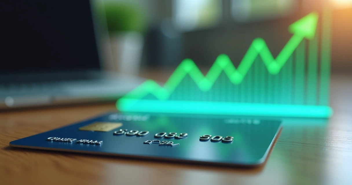 Cartão de crédito sobre uma mesa com números e gráficos de crescimento ao fundo 