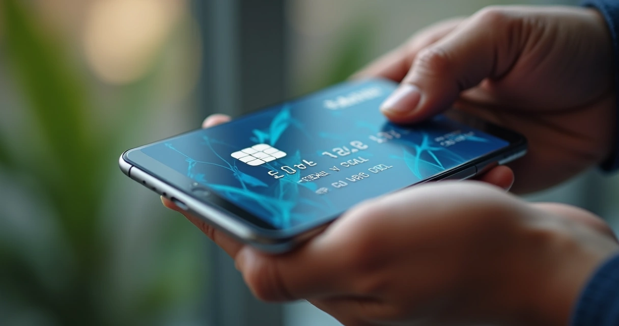 Cartão de crédito segurado por mão com celular mostrando aplicativo financeiro aberto ao fundo 