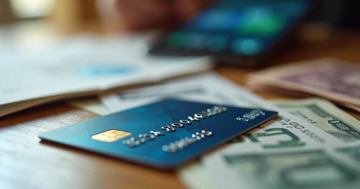 Cartão de crédito sobre mesa com notas de dinheiro e documentos financeiros ao redor 