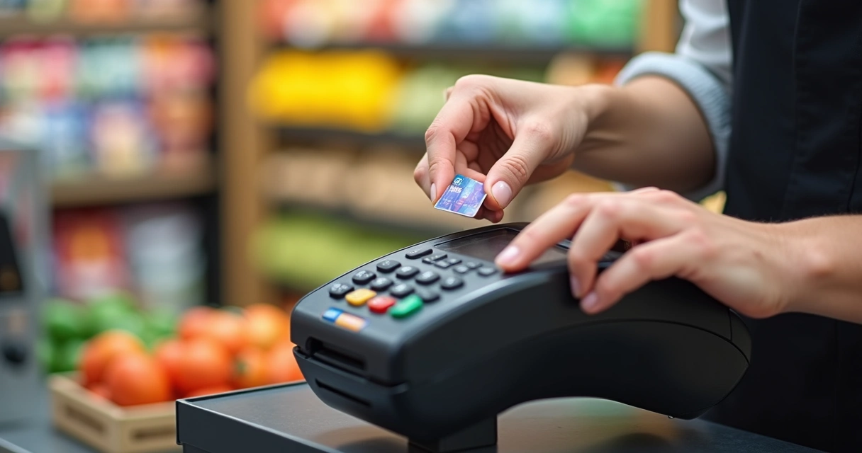 Cartão de crédito sendo usado em supermercado 