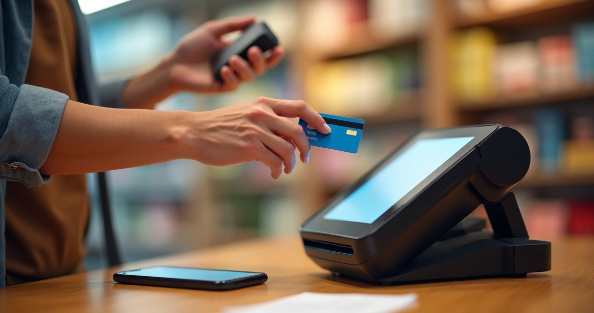 Cliente pagando com cartão de crédito em loja com terminal de cartão 
