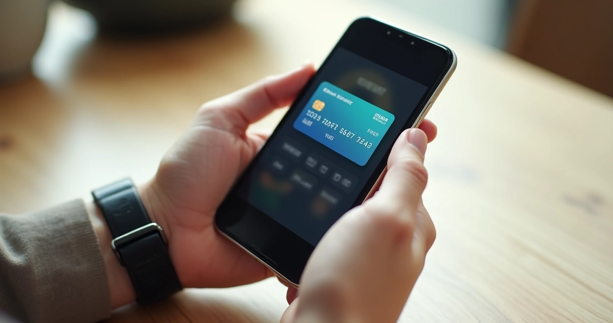 Um smartphone exibindo um cartão de crédito virtual na tela, com luz natural, mãos segurando o aparelho 