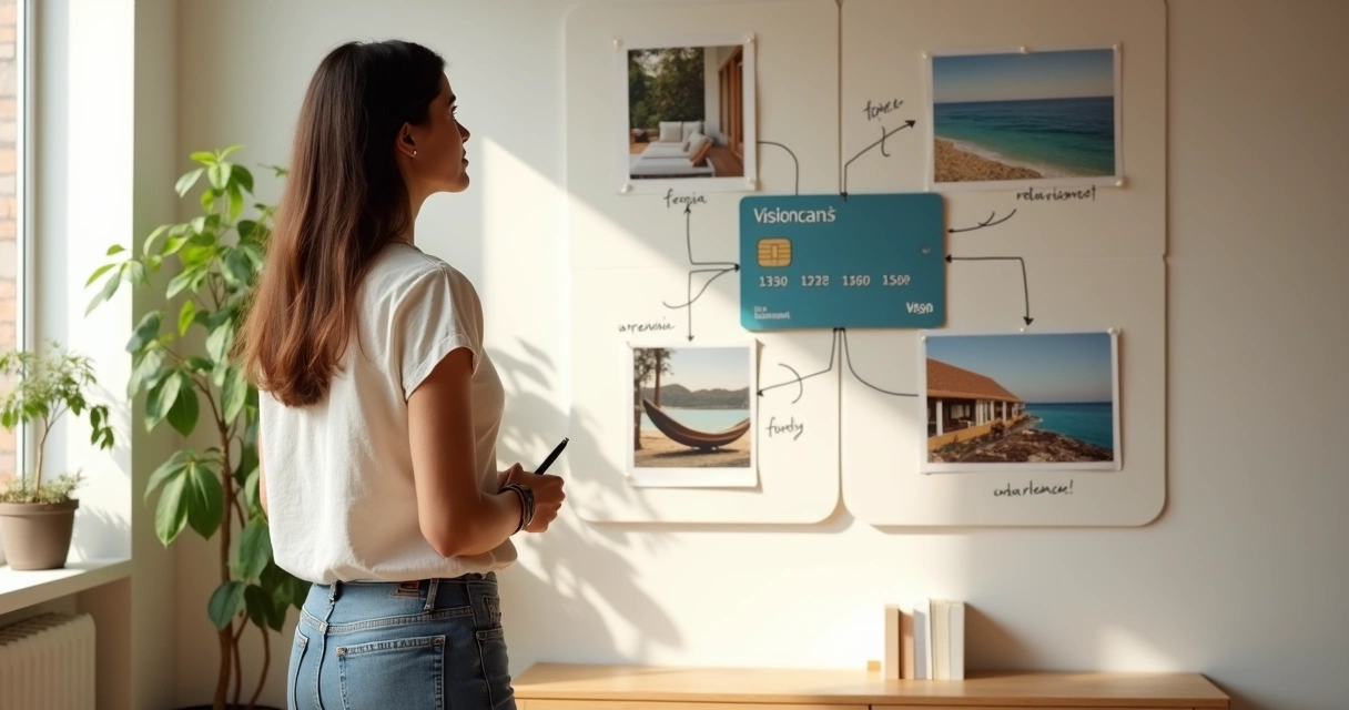 Mulher observando mural com cartão de crédito e imagens de sonhos financeiros 